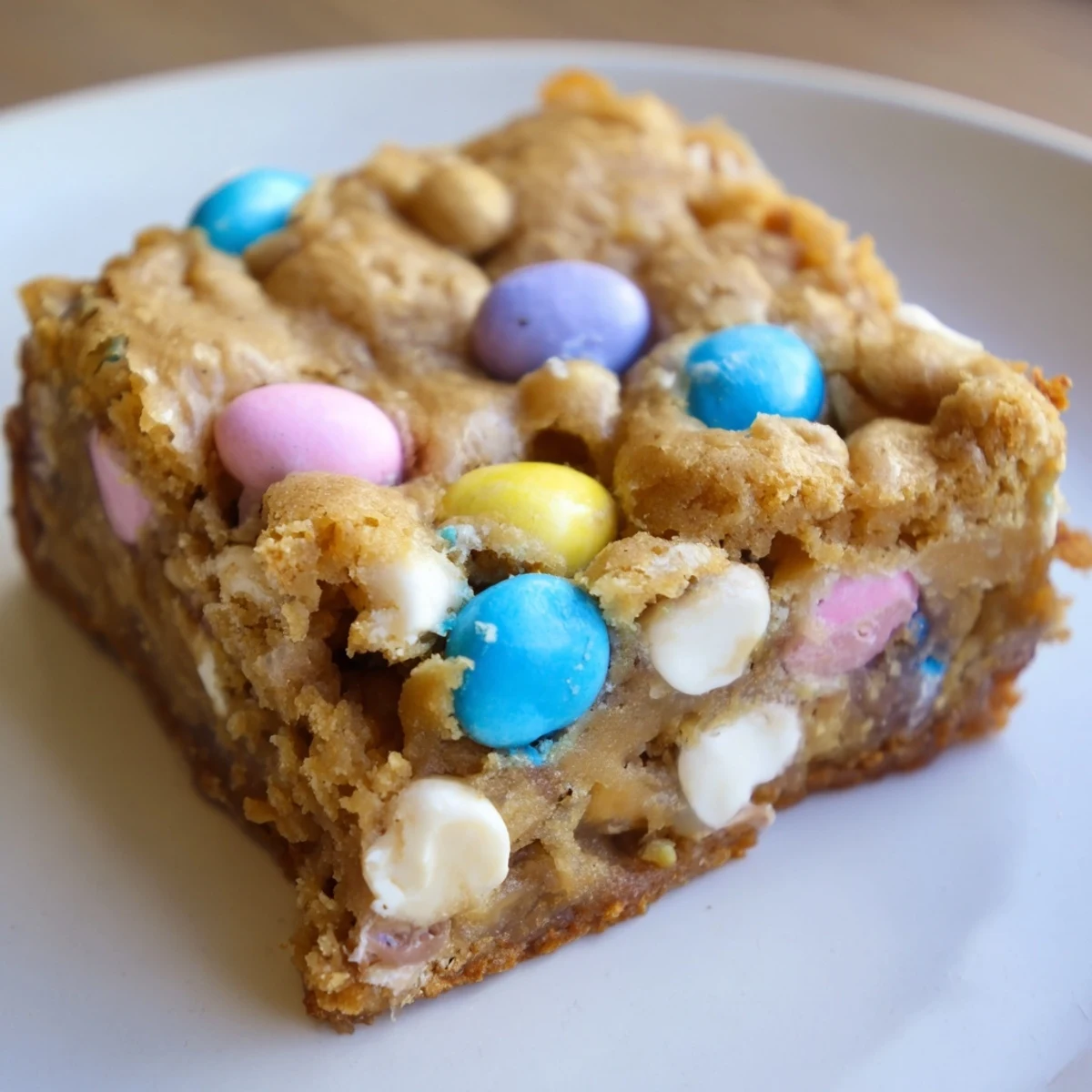 Golden brown Mini Cadbury Easter Egg Blondies studded with white chocolate chips and pastel candies