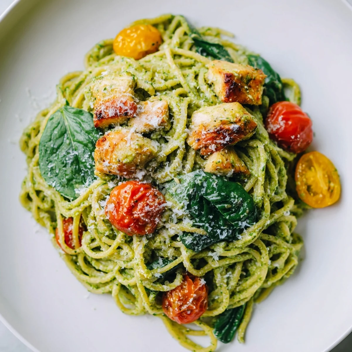 Creamy pesto pasta with chicken served in a white bowl with fresh basil garnish on top