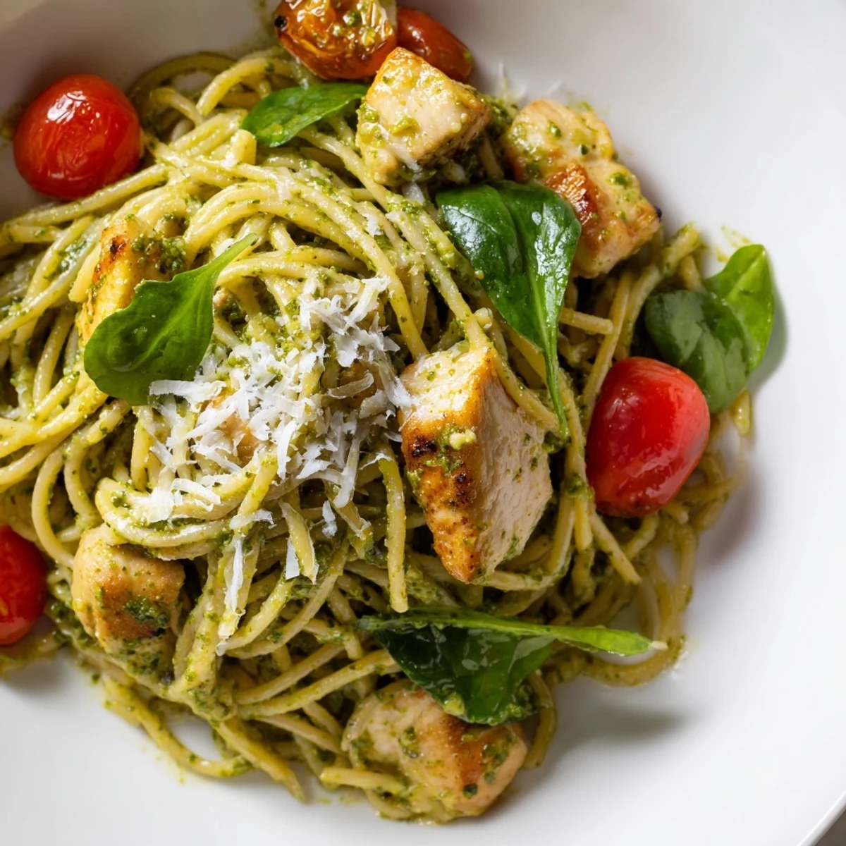 Tender chicken and pesto pasta tossed with cherry tomatoes and spinach on a rustic plate