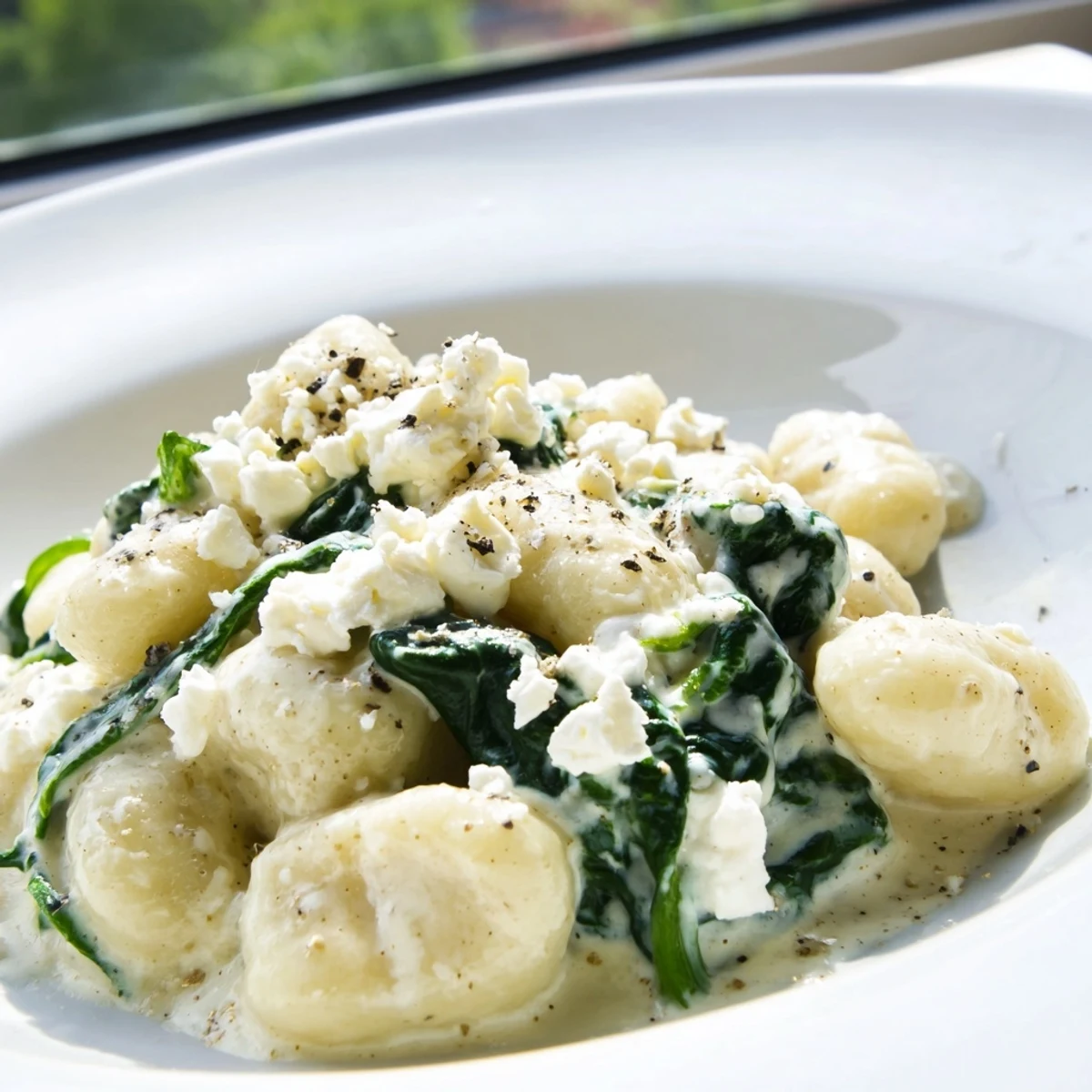Creamy gnocchi with spinach and feta topped with crumbled cheese in white sauce