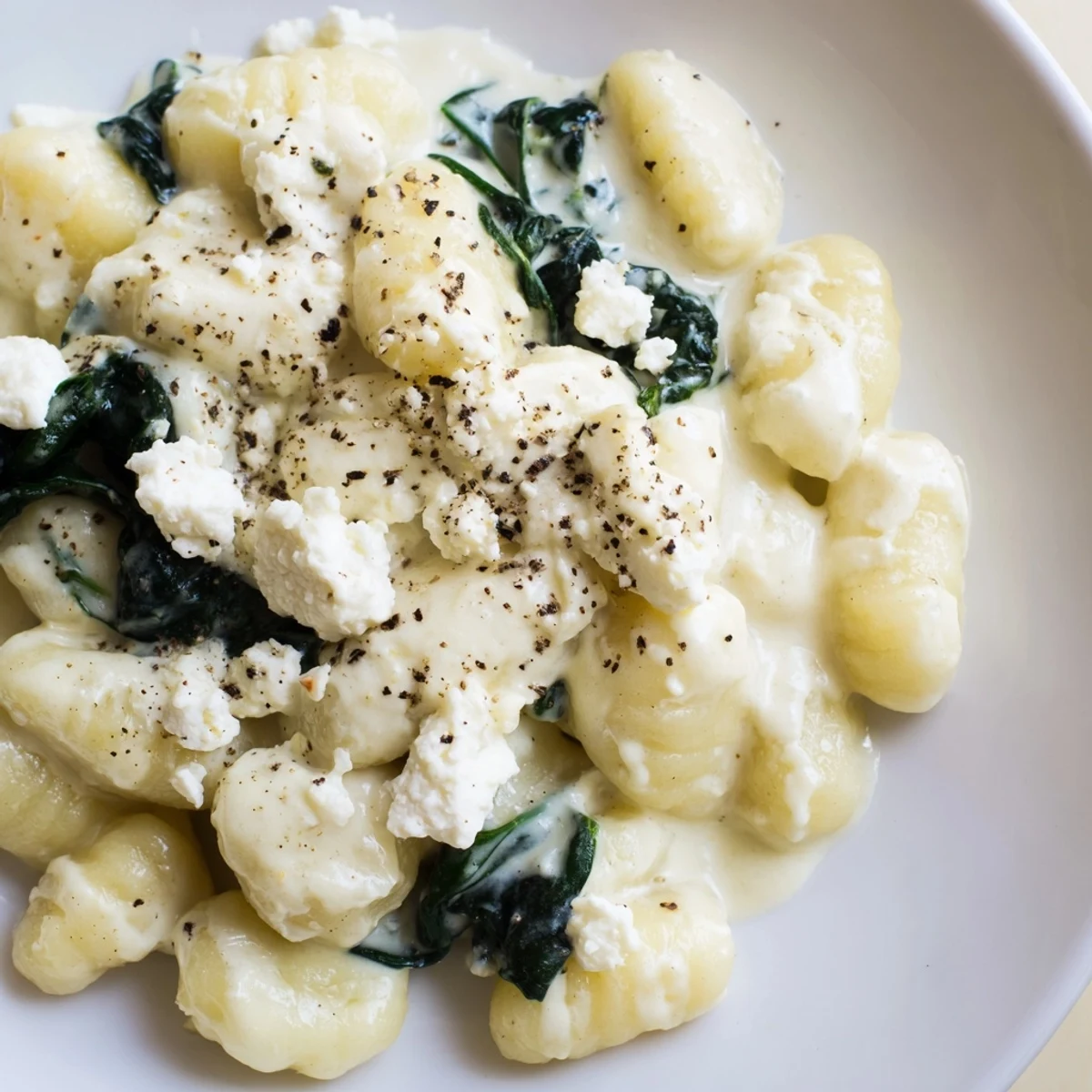 Tender potato gnocchi with spinach and feta glistening in rich cream sauce