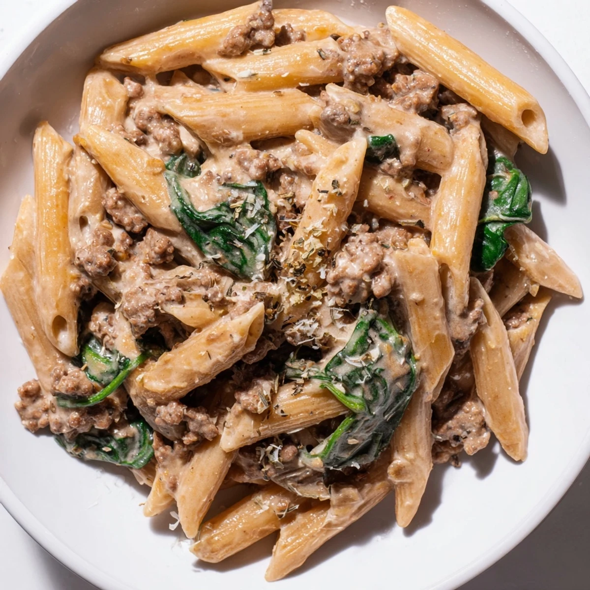 Creamy high protein beef pasta in a white bowl with parmesan and fresh herbs
