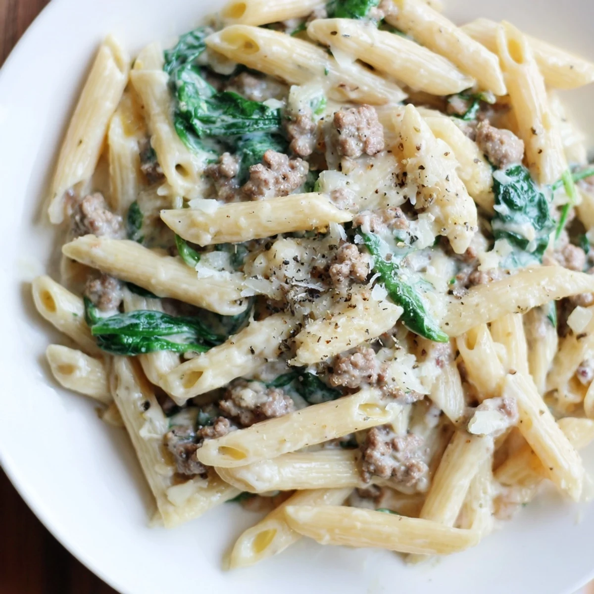 Tender ground beef and spinach tossed in creamy high protein beef pasta sauce