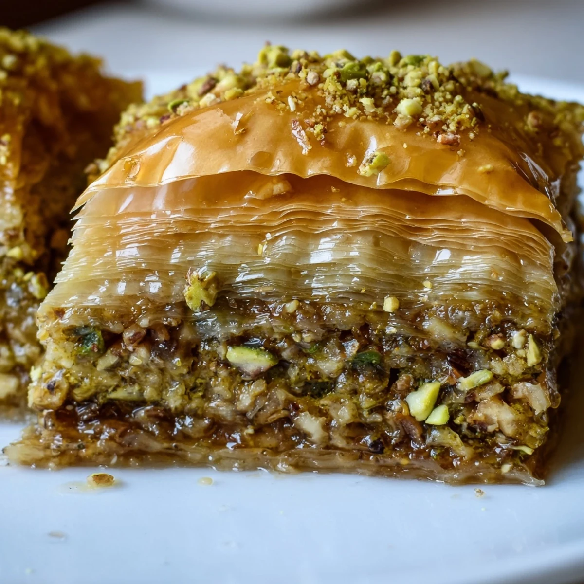 Golden Bosnian baklava diamonds glistening with sweet syrup on a rustic serving plate