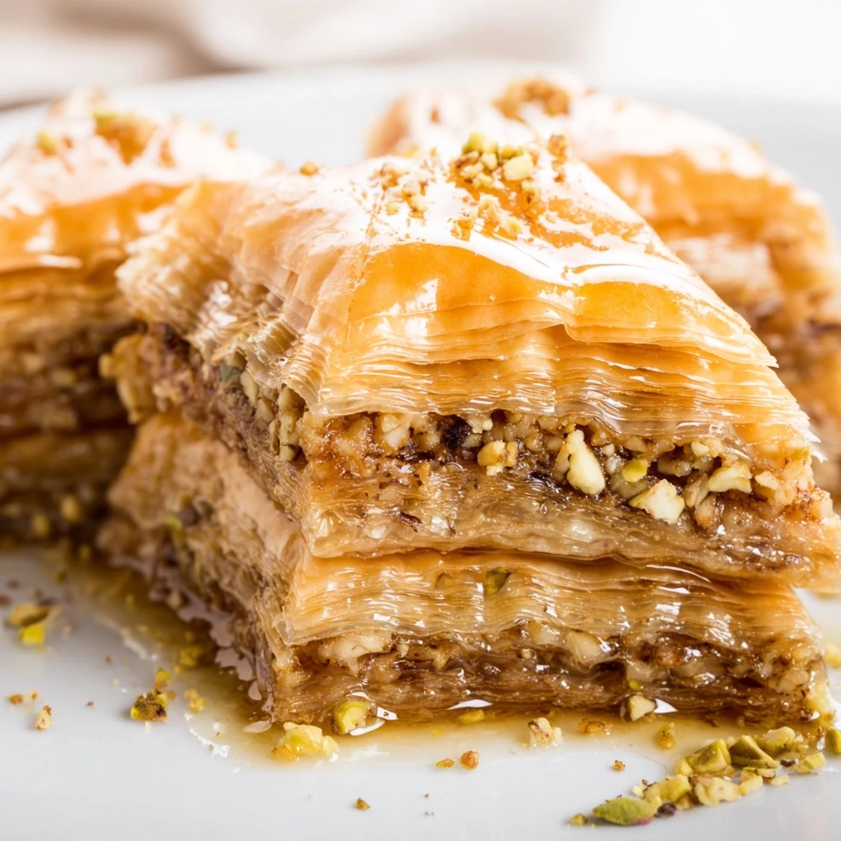 Crisp layered Bosnian baklava pastry filled with spiced walnuts and drizzled honey