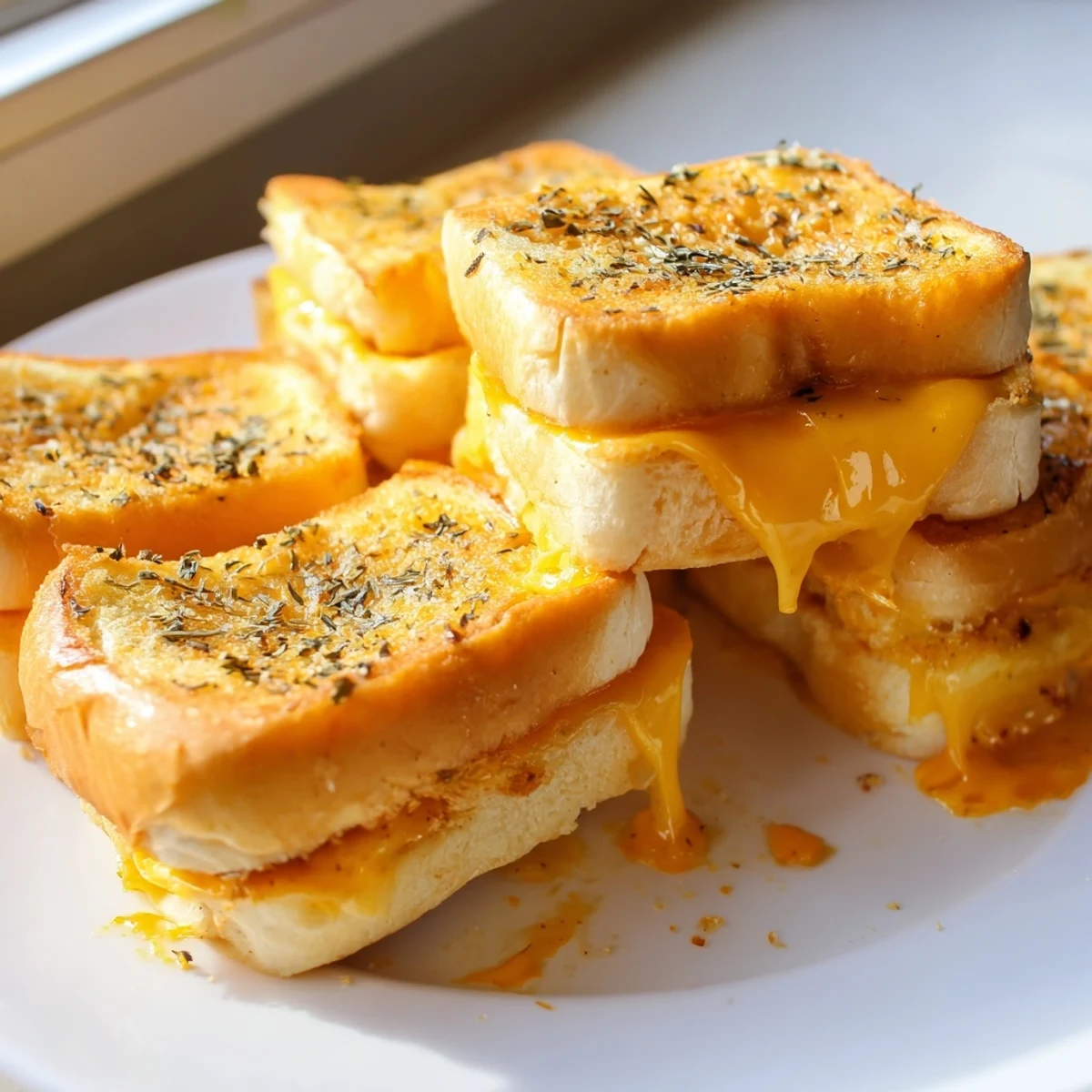 Golden mini grilled cheese Hawaiian rolls with melted cheddar oozing between sweet, buttery sliders