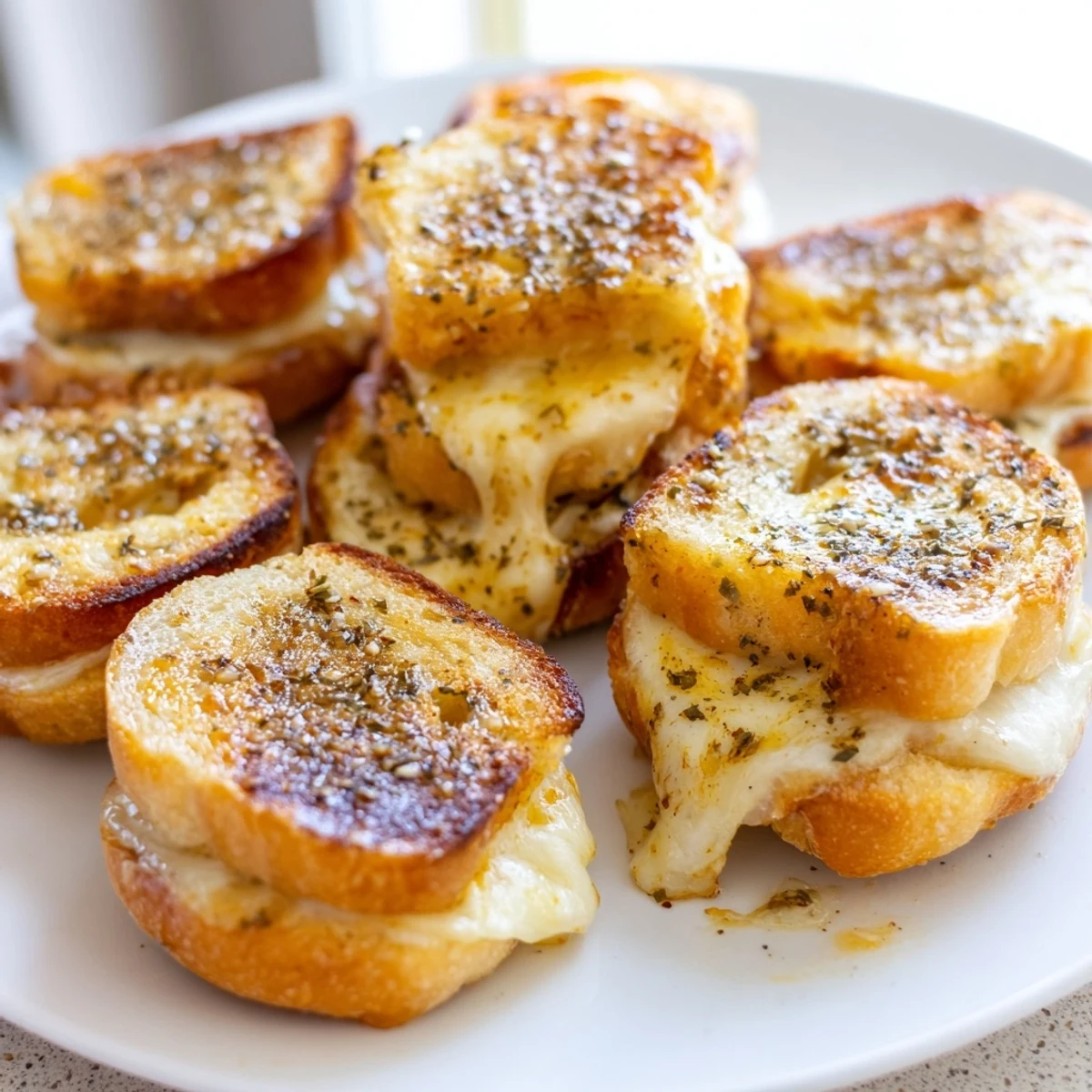 Crispy mini grilled cheese Hawaiian rolls brushed with garlic butter and sprinkled with dried parsley