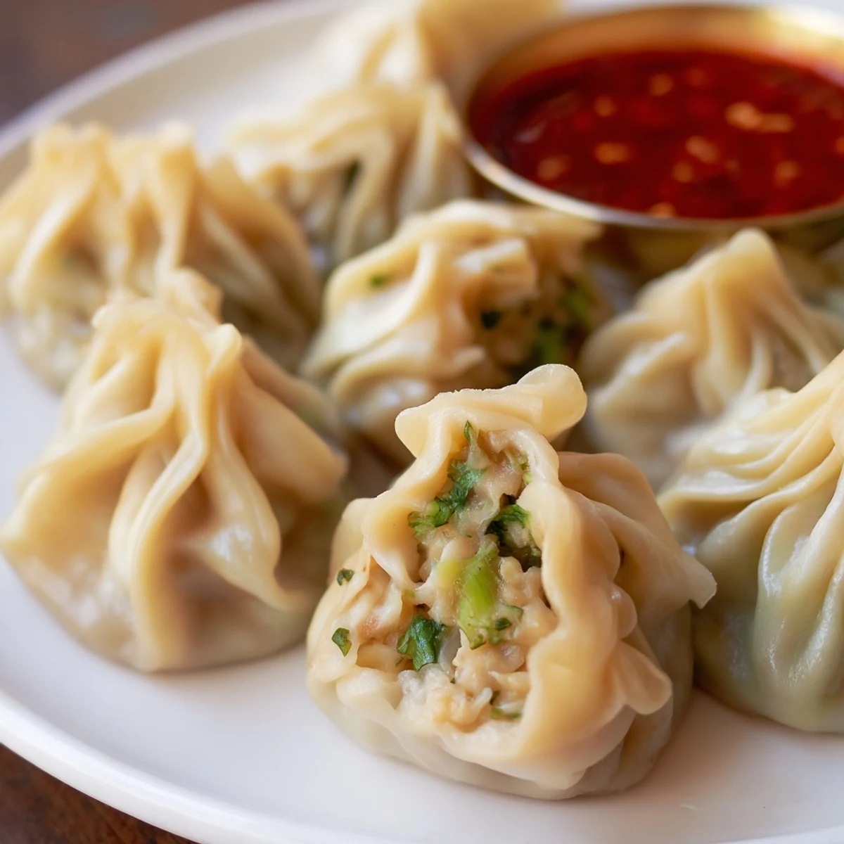 Steamed Nepali momo dumplings arranged on a bamboo basket with spicy tomato dipping sauce