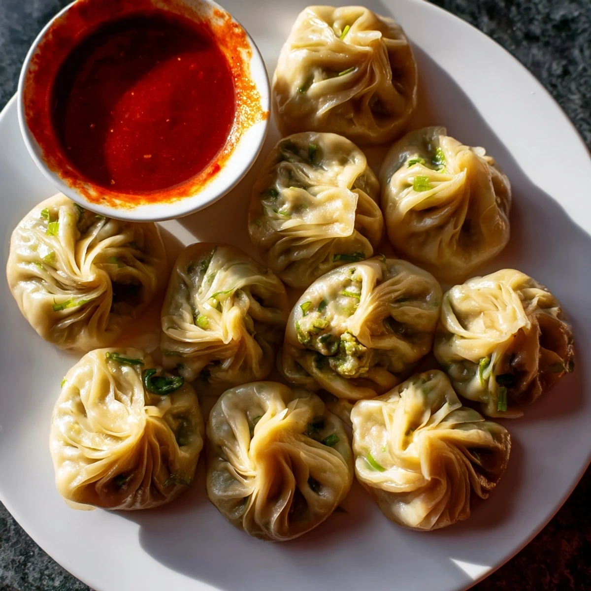 Golden steamer basket filled with freshly made Nepali momo dusted with flour