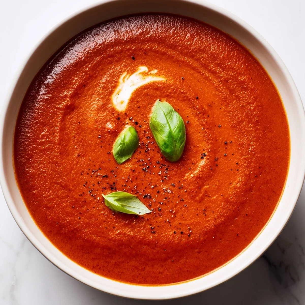 Smoky fire roasted tomato soup in a white bowl with fresh basil garnish