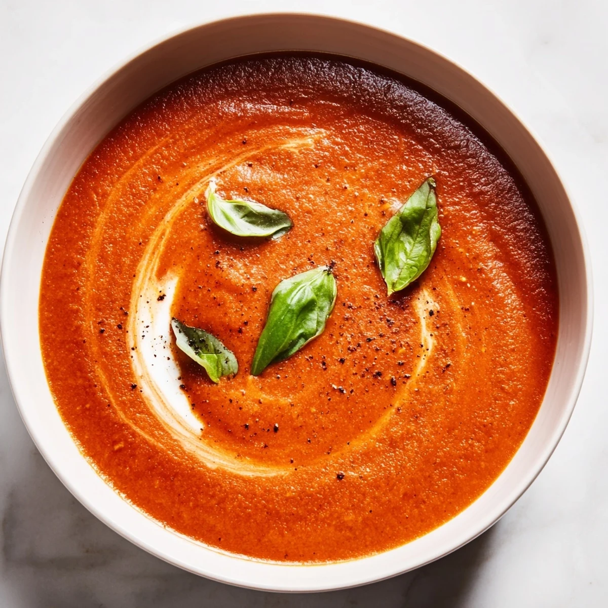 Creamy fire roasted tomato soup steaming in a rustic ceramic bowl