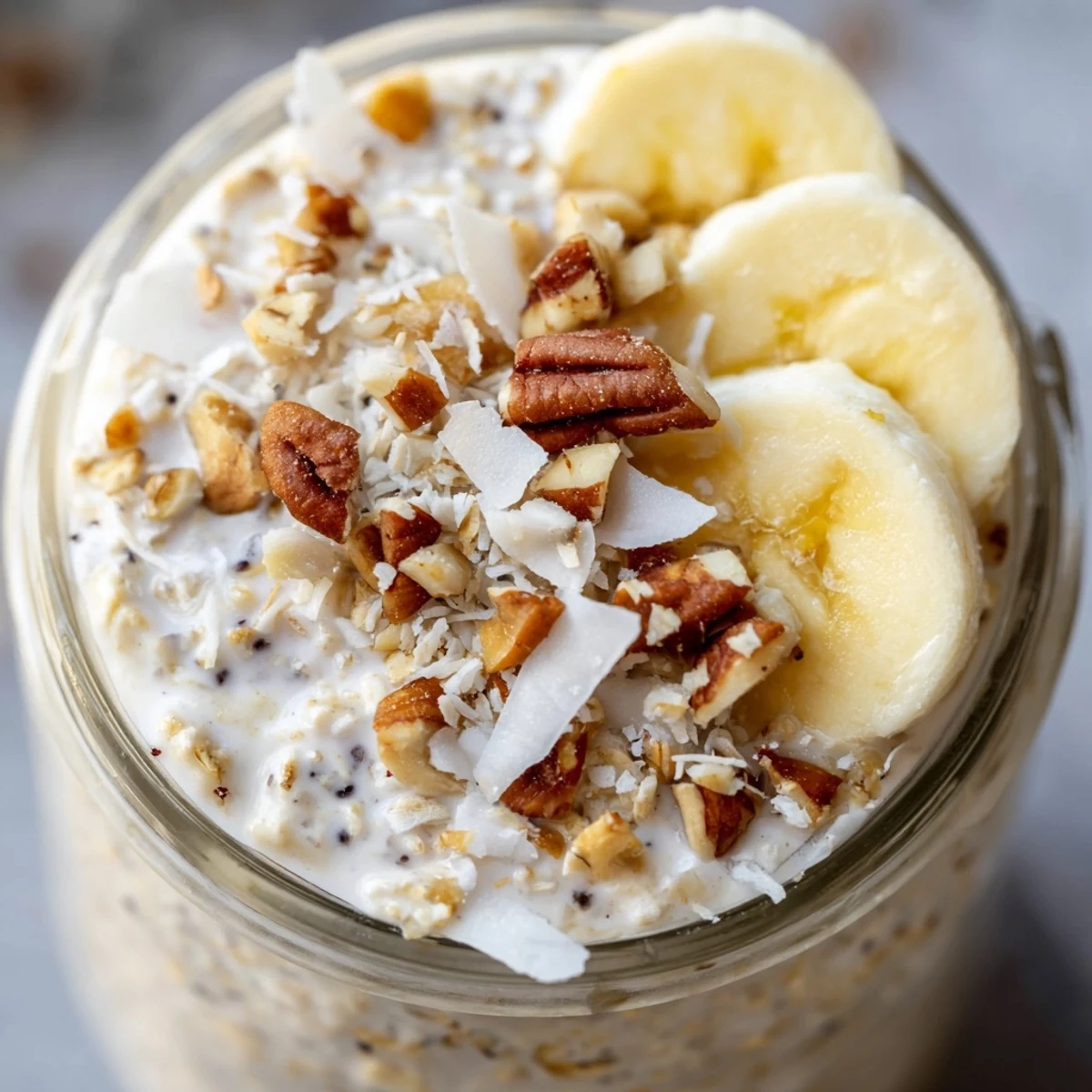 Creamy Coconut Cream Pie Overnight Oats topped with toasted coconut and chopped pecans in a mason jar