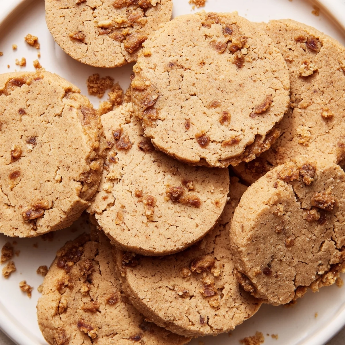 Crisp espresso shortbread cookies studded with golden toffee chunks on a rustic wooden serving board