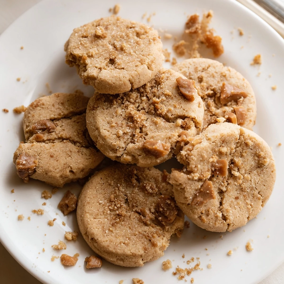 Golden brown espresso shortbread cookies with melted toffee bits arranged alongside a steaming coffee mug
