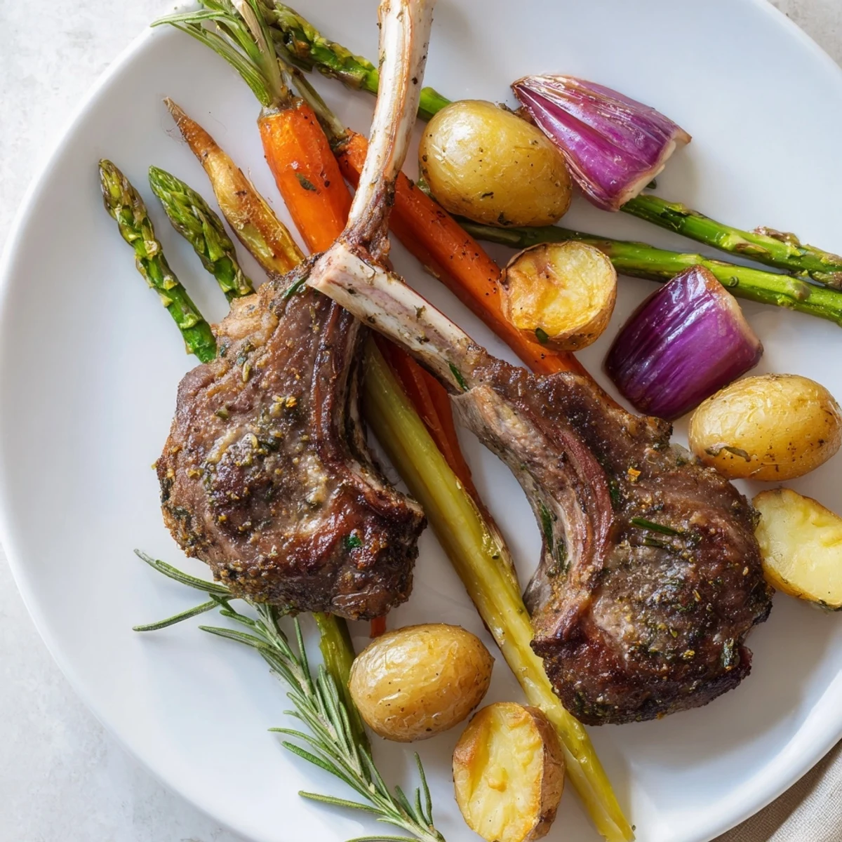 Herb-crusted lamb chops and roasted vegetables arranged on a glistening Easter dinner sheet pan.