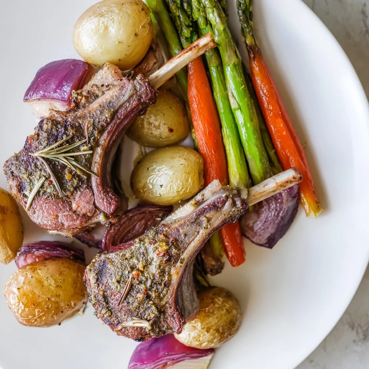 Golden roasted vegetables and succulent lamb chops on a crowded Easter dinner sheet pan.