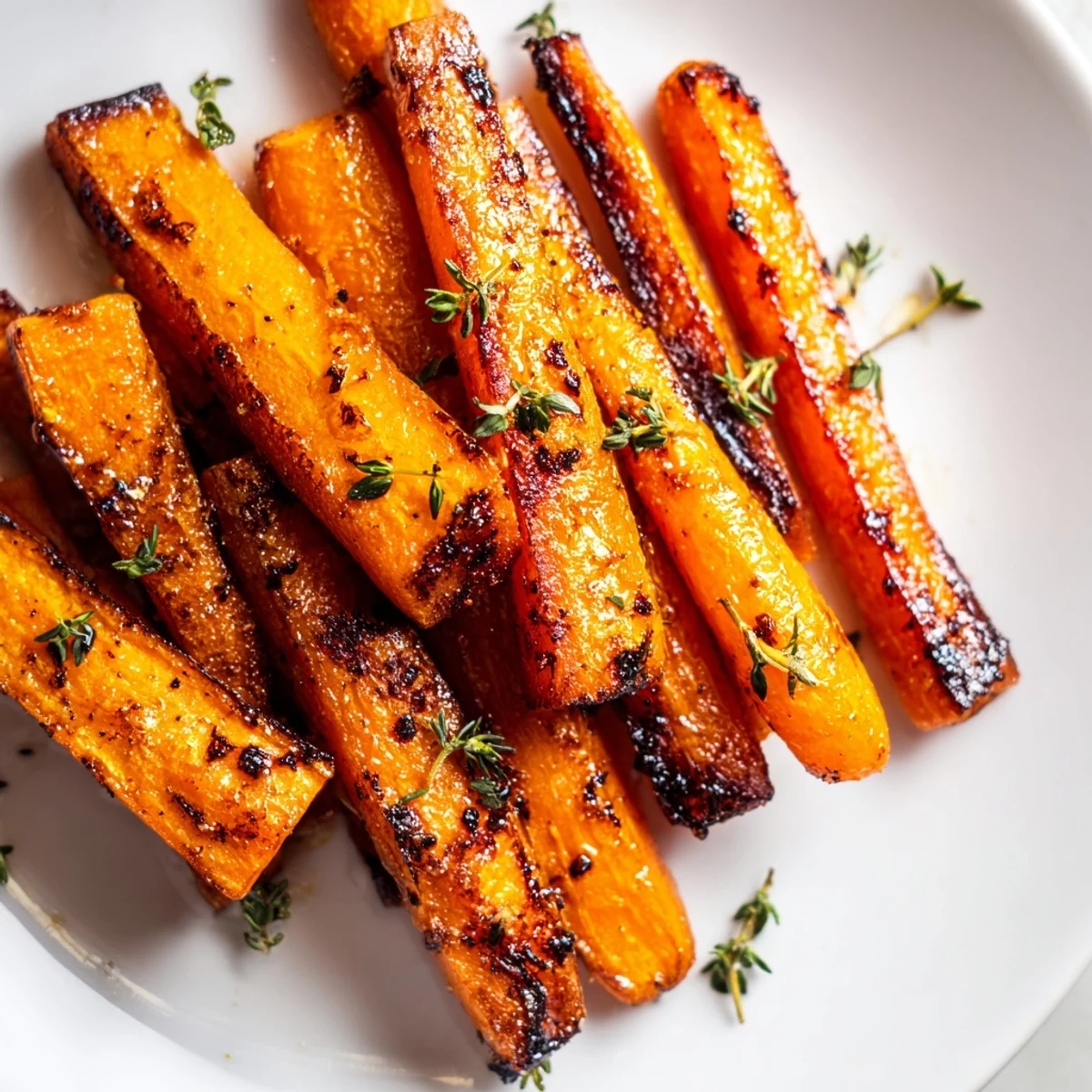 Glistening honey roasted carrots with caramelized edges on a rustic white serving platter