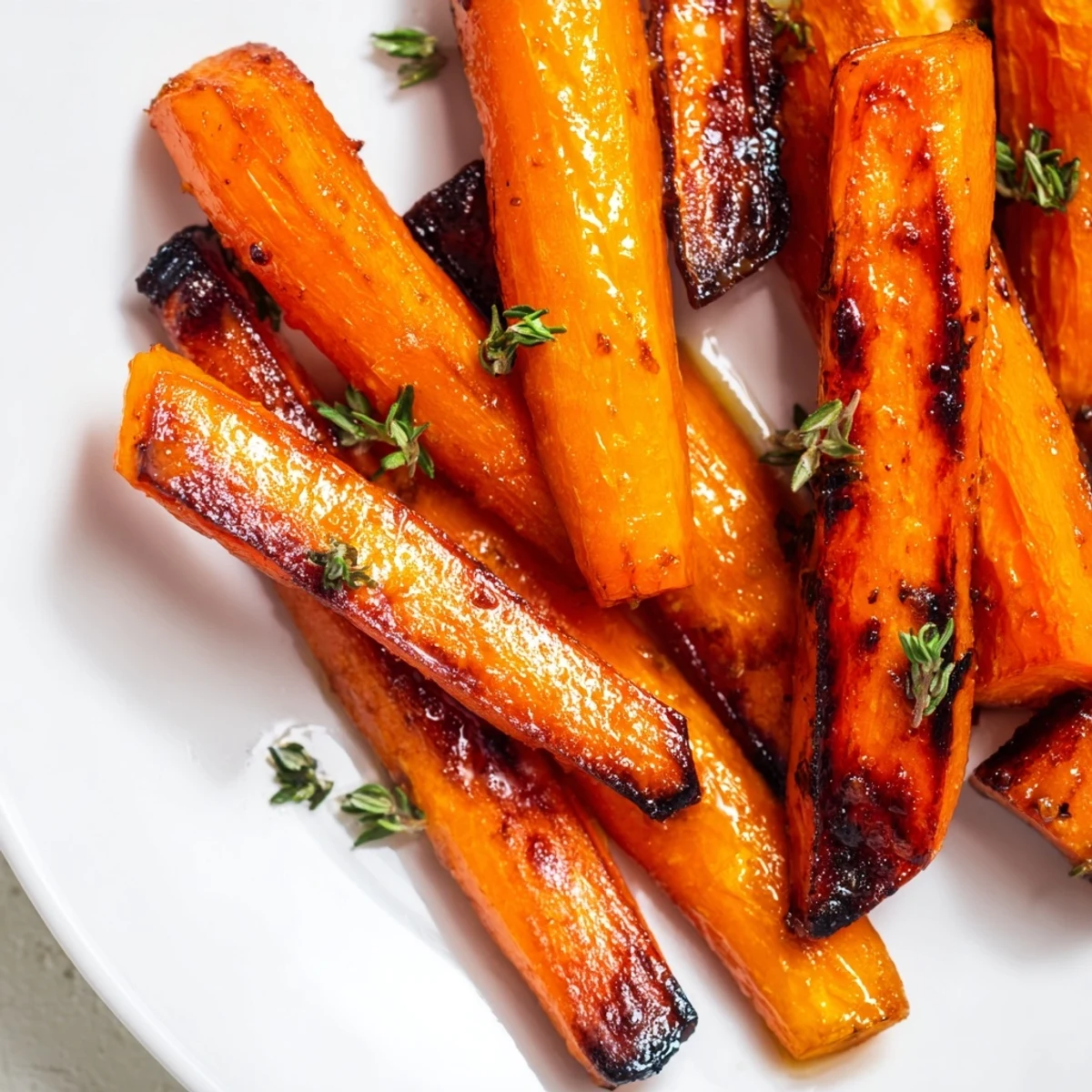 Tender honey roasted carrots tossed with fresh thyme in a golden cast iron skillet