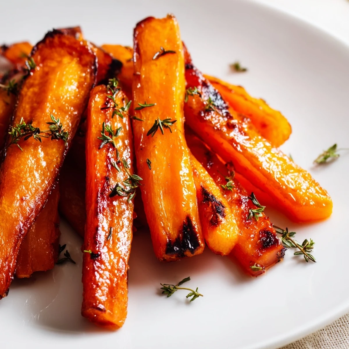 Vibrant orange honey roasted carrots drizzled with glaze and scattered herbs on parchment