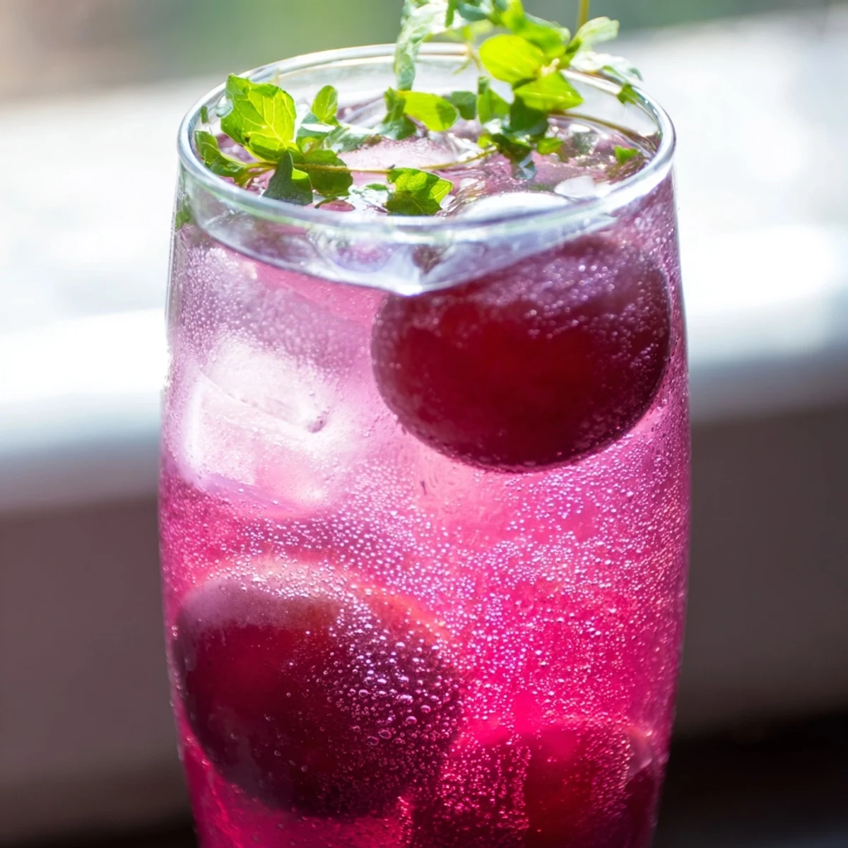 Grape Agua Fresca served over ice with fresh mint and lime garnish