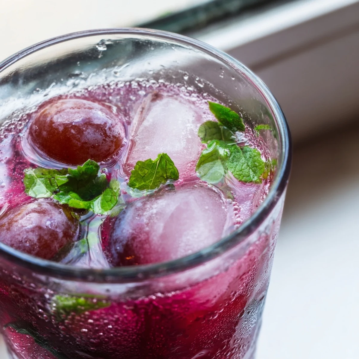 Chilled Grape Agua Fresca poured into a glass with floating grape halves
