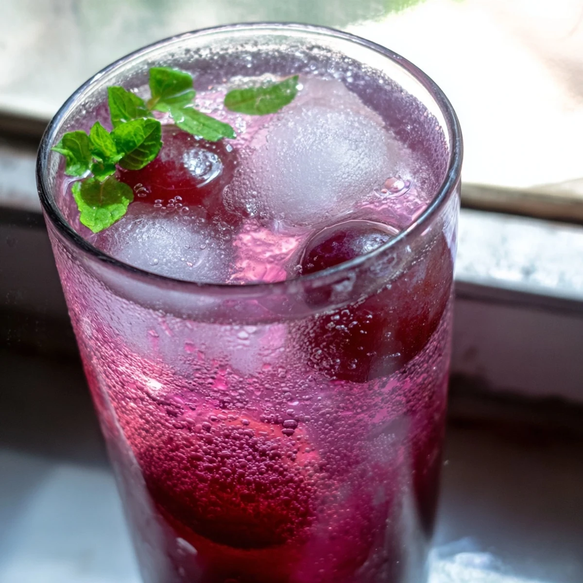 Vibrant purple Grape Agua Fresca in a pitcher surrounded by fresh grapes