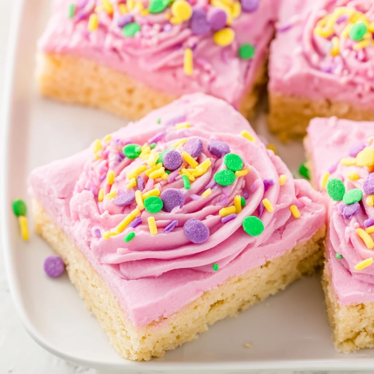 Soft Easter sugar cookie bars with swirled pastel frosting and colorful festive sprinkles