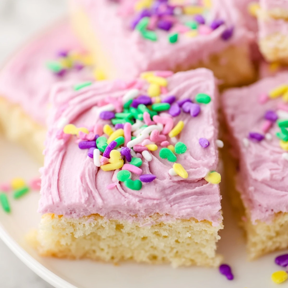 Thick-cut Easter sugar cookie bars showcasing creamy pink yellow and green buttercream frosting