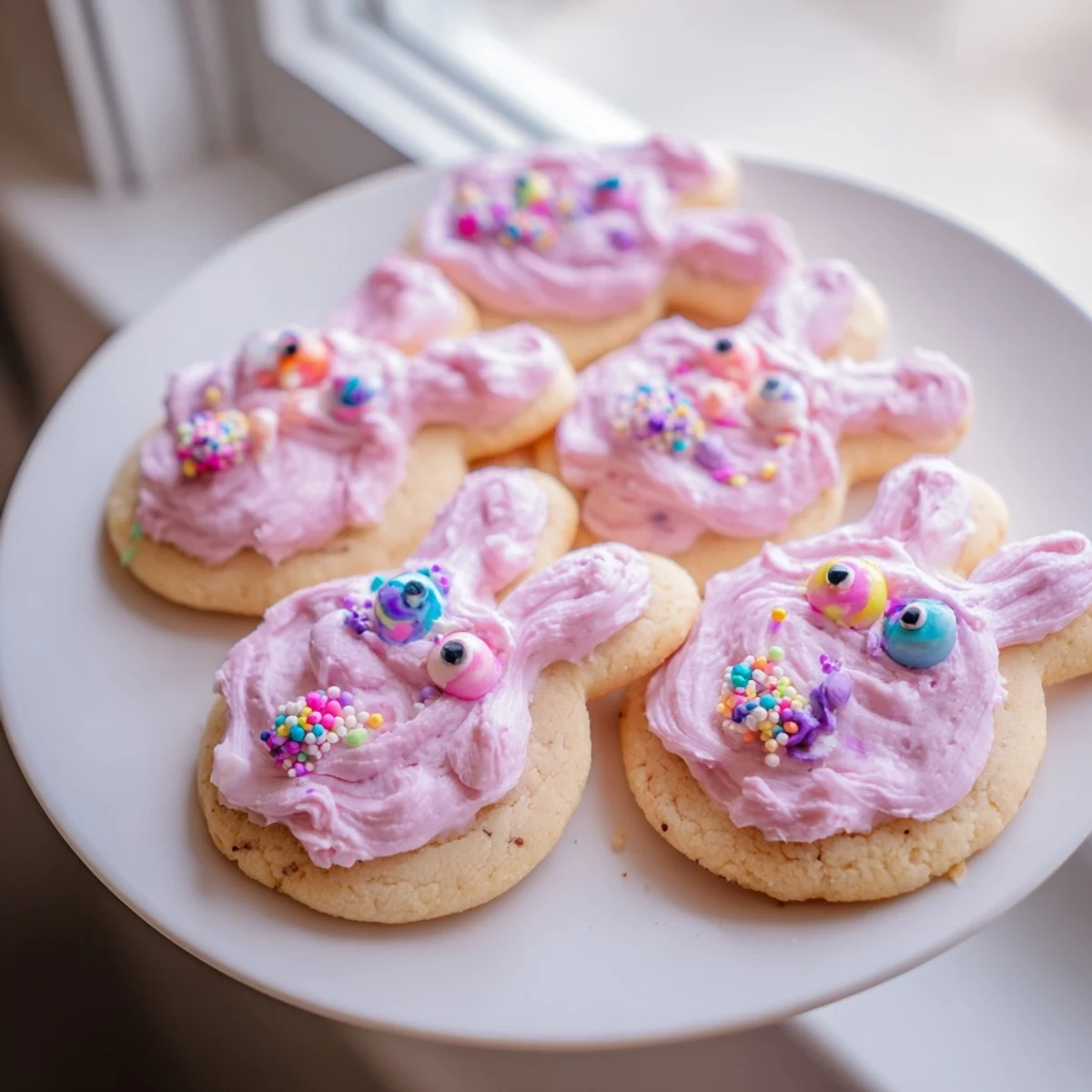 Adorable buttercream bunny cookies with swirled pastel frosting on a rustic wooden serving board