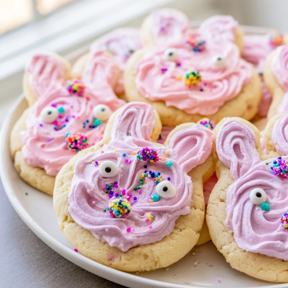 Chewy buttercream bunny cookies decorated with candy eyes and pink sprinkles for Easter