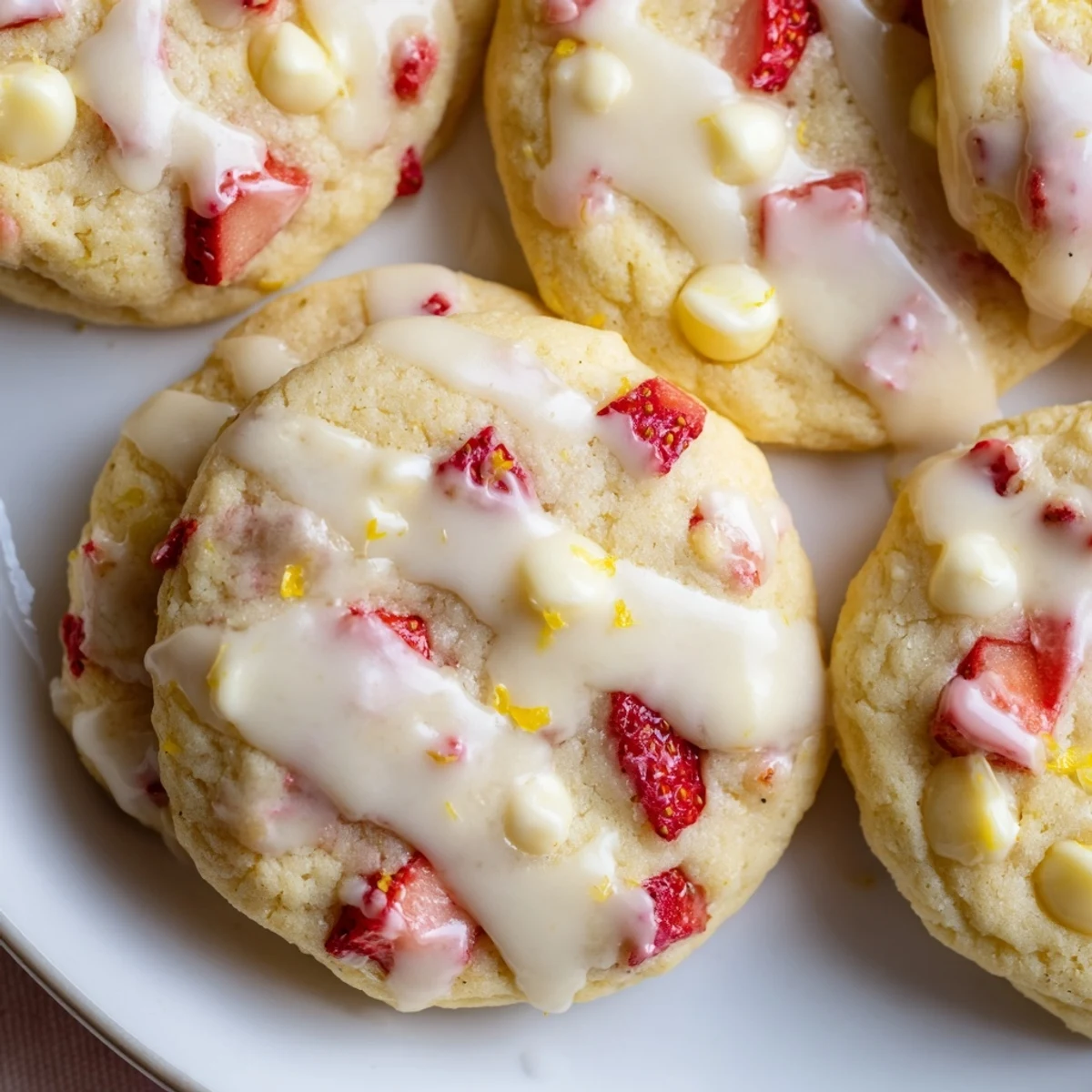 Soft strawberry lemonade cookies with pink flecks and golden edges on a white plate