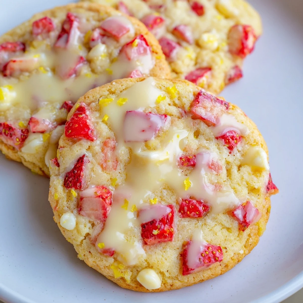 Chewy strawberry lemonade cookies drizzled with tangy citrus glaze stacked on a cooling rack