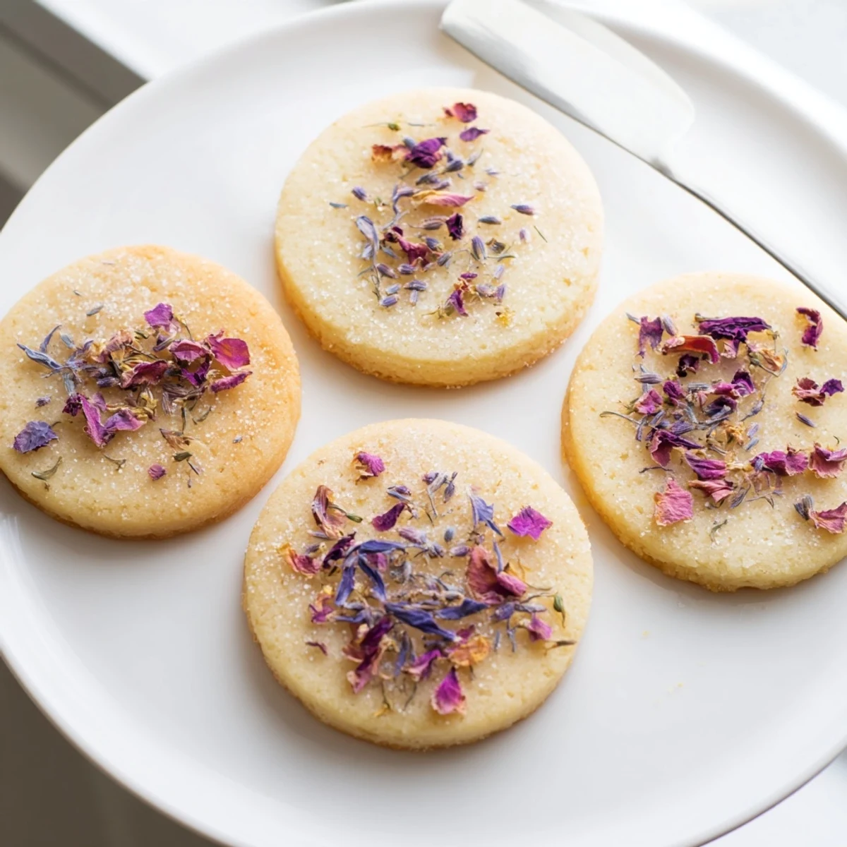 Delicate buttery Spring Blossom Cookies scattered with lavender and rose petals ready for serving