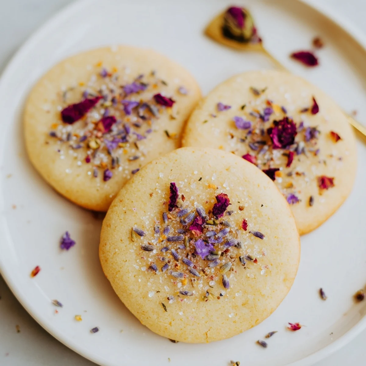 Golden Spring Blossom Cookies topped with colorful edible flowers on a rustic ceramic plate