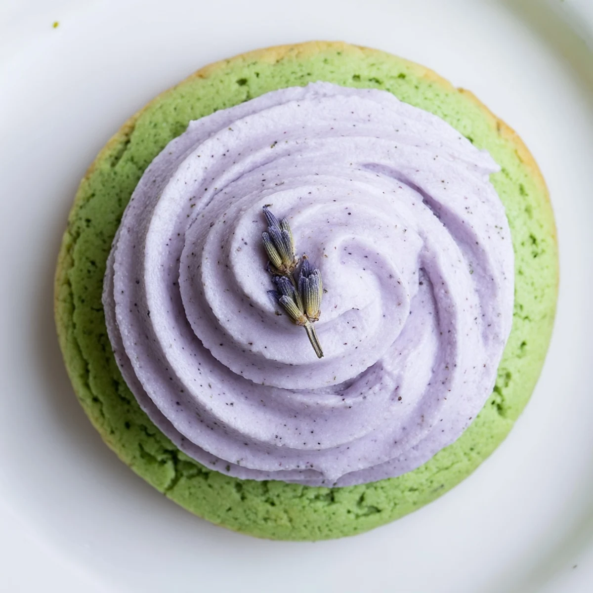 Elegant matcha sugar cookies topped with creamy purple lavender buttercream arranged for afternoon tea