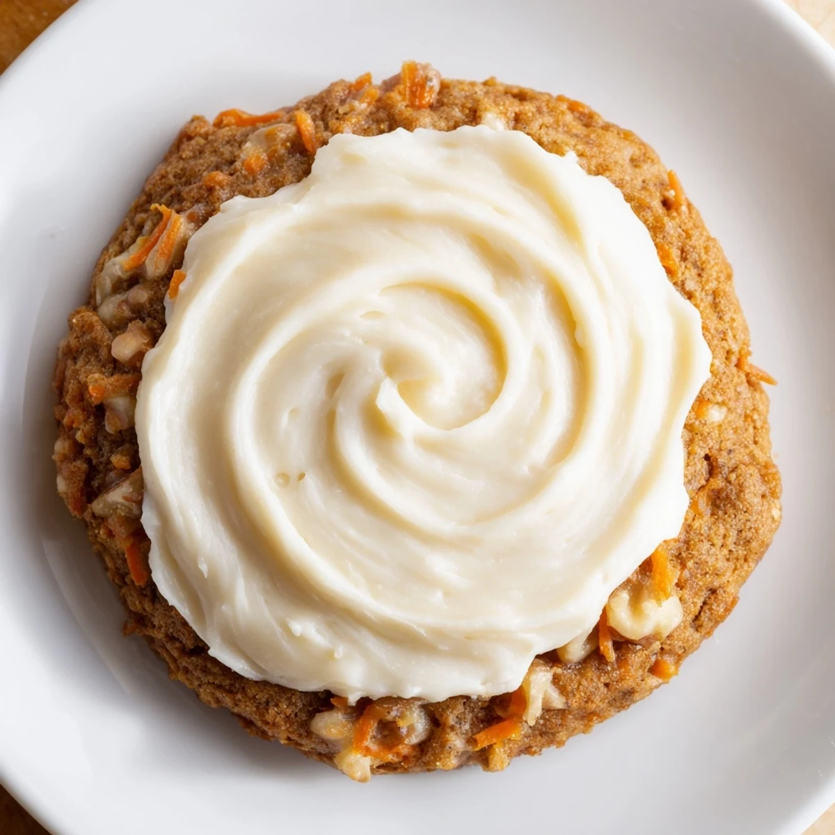 Soft Crumbl carrot cake cookies with thick cream cheese frosting on a rustic baking sheet