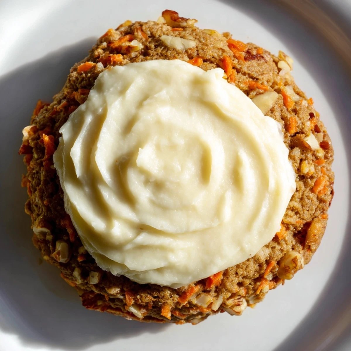 Chewy Crumbl carrot cake cookies topped with pillowy frosting and a sprinkle of chopped walnuts