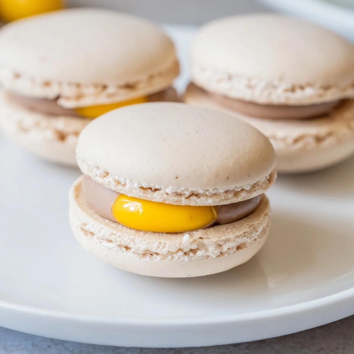 Colorful Cadbury Egg macarons arranged on a rustic serving board for Easter