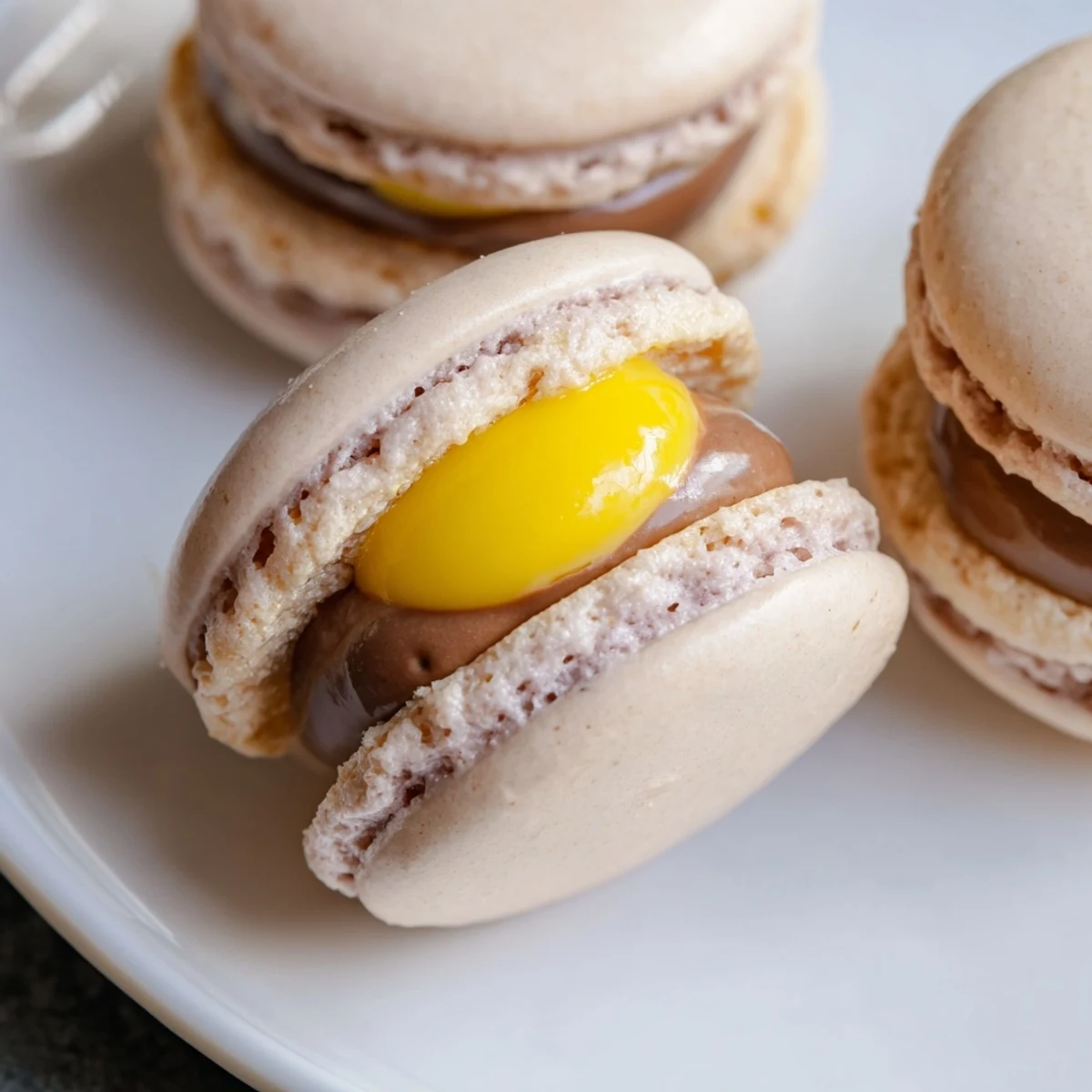 Smooth chocolate-filled Cadbury Egg macarons with bright yellow yolk centers displayed