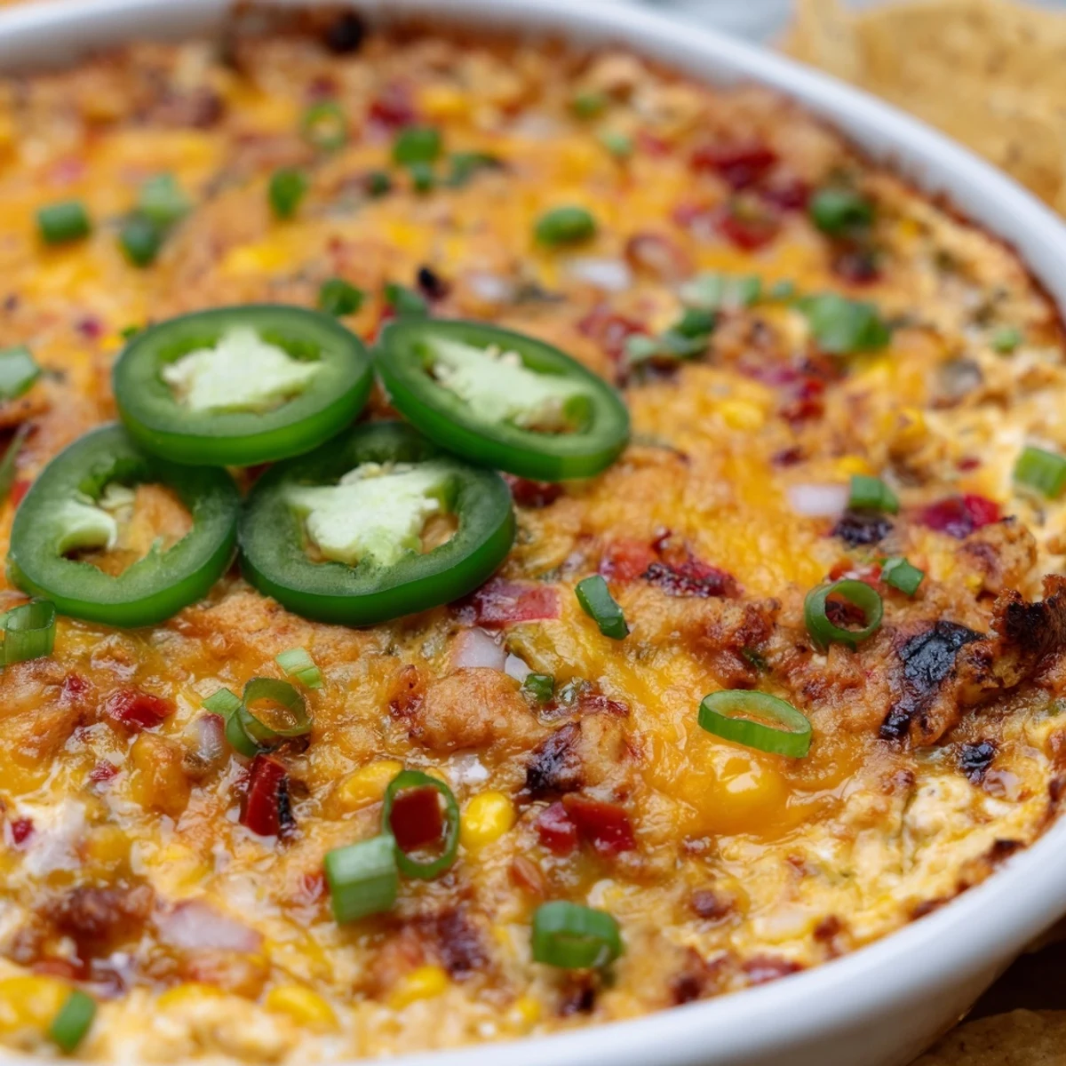 Golden baked Spicy Roasted Jalapeno Cowboy Cream Cheese Dip served with crispy tortilla chips
