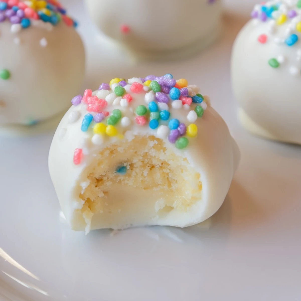 Creamy Banana Pudding Easter Truffles coated in white chocolate with colorful pastel sprinkles on display