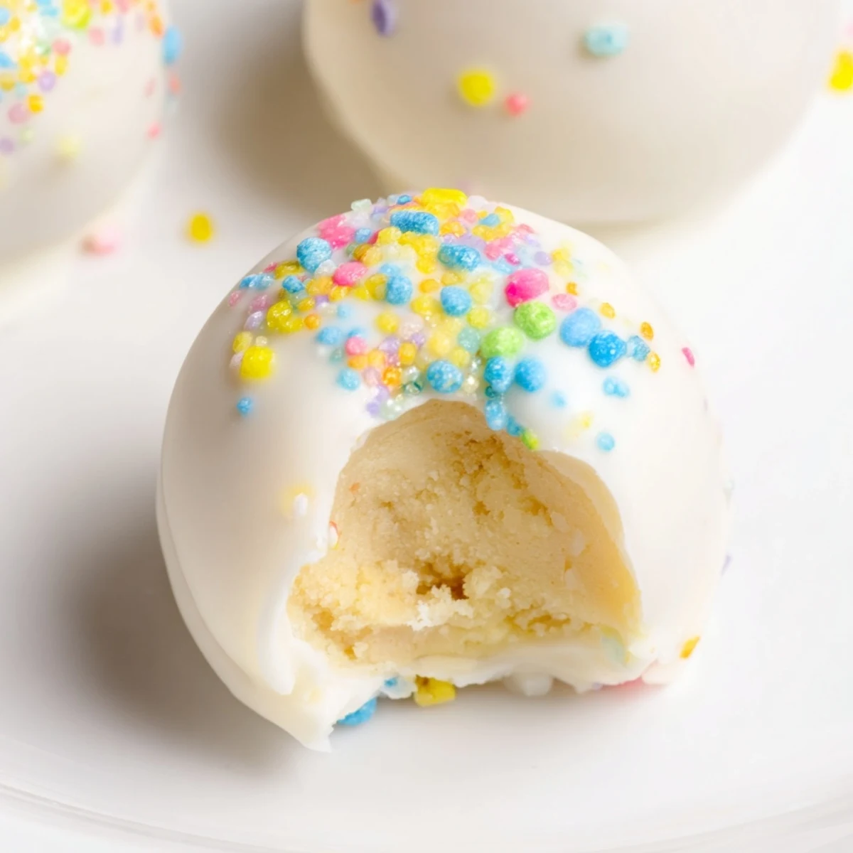 Golden white chocolate-dipped Banana Pudding Easter Truffles garnished with vibrant spring-themed sprinkles for celebrating