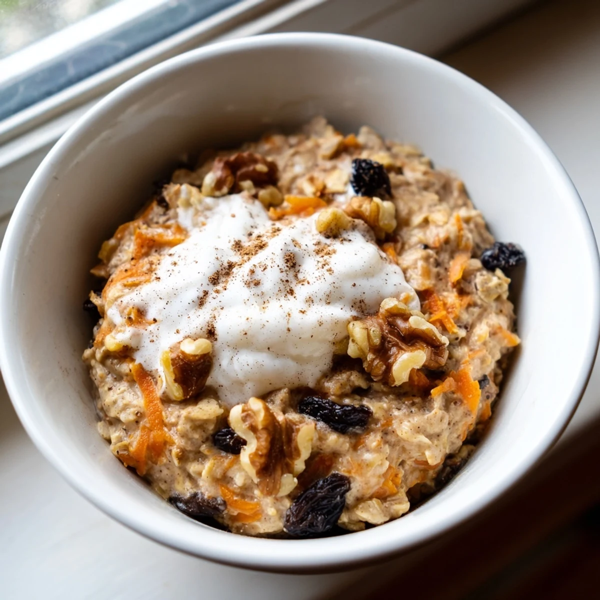 Carrot cake overnight oats in a glass jar topped with chopped walnuts and cinnamon