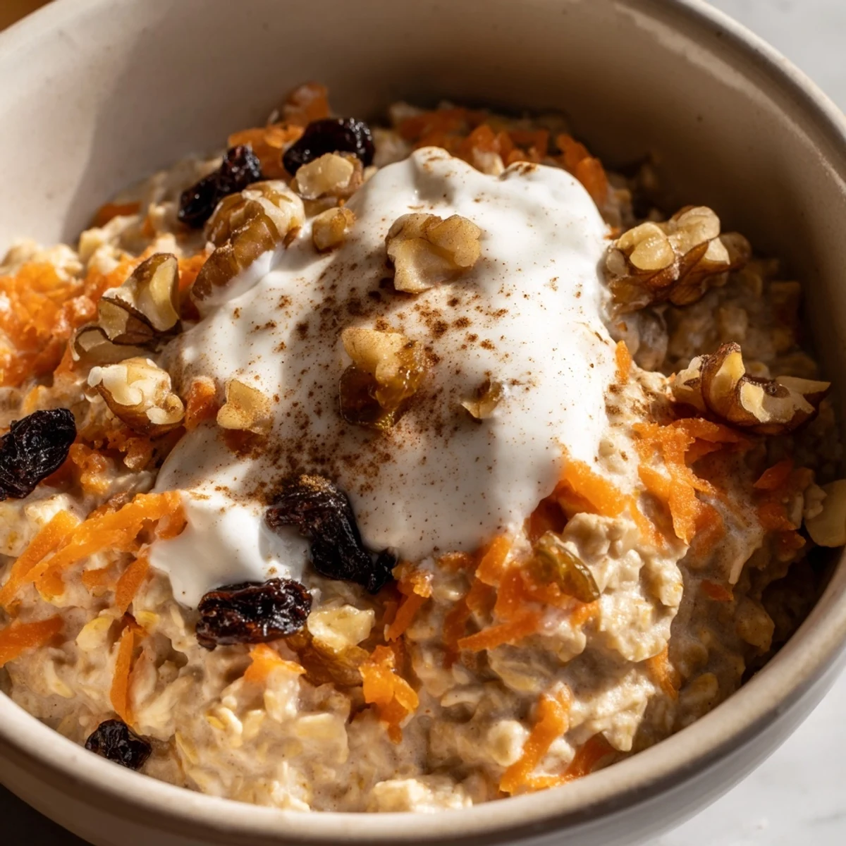 Creamy carrot cake overnight oats with grated carrots, raisins, and a sprinkle of nutmeg