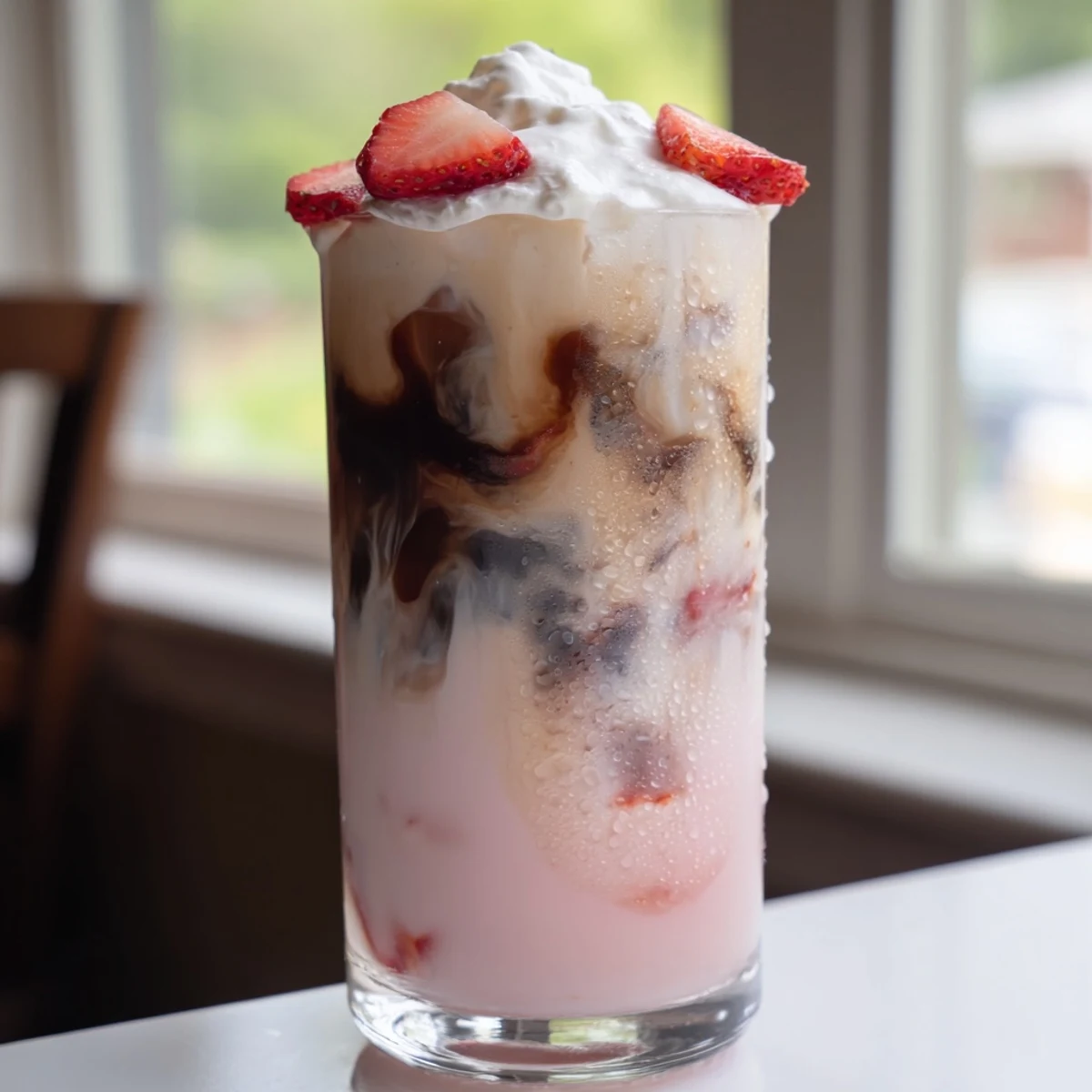 Creamy strawberry cold latte in a tall glass with fresh berry garnish and whipped cream topping