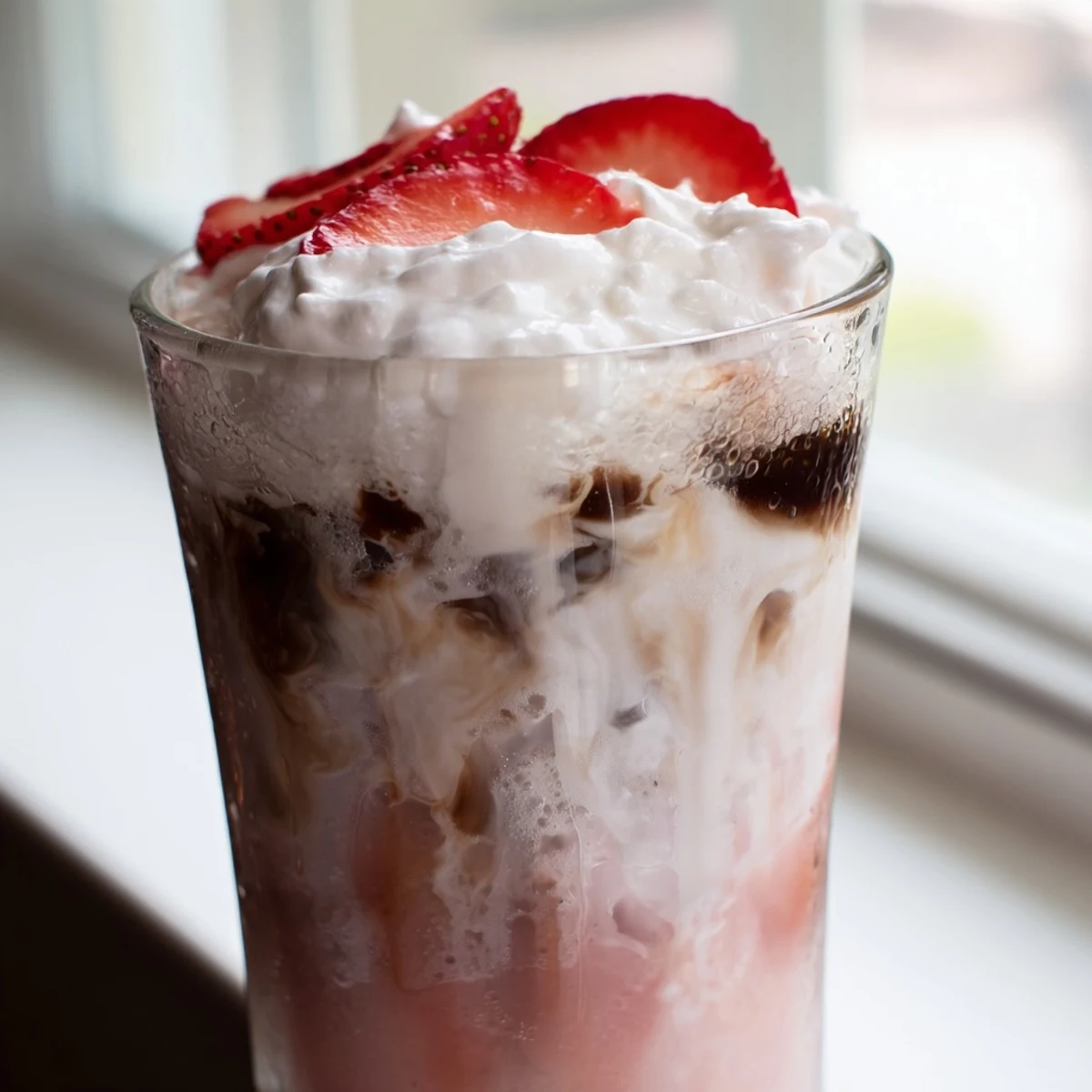 Refreshing strawberry cold latte with rich coffee layers over ice on a sunny kitchen counter