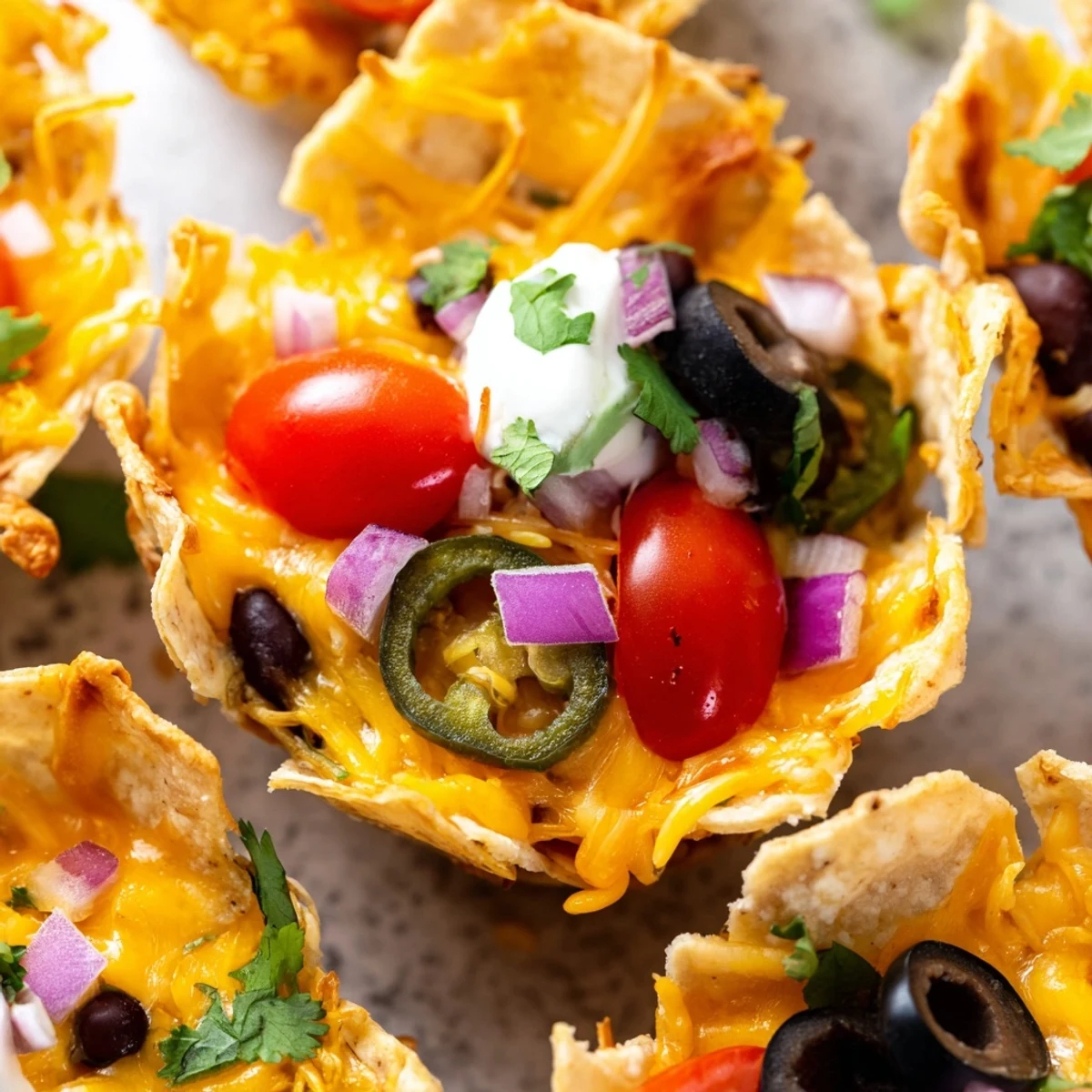 Golden cheesy nacho cups bubbling with melted cheddar and colorful fresh toppings