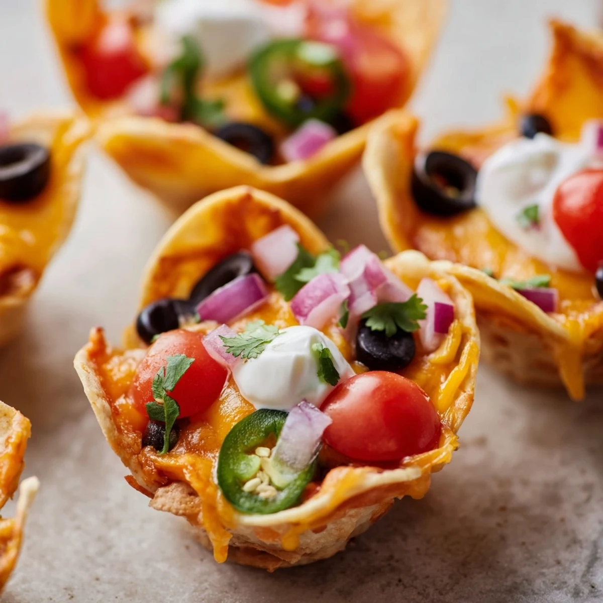 Crispy tortilla cups filled with gooey Monterey Jack cheese and zesty garnishes