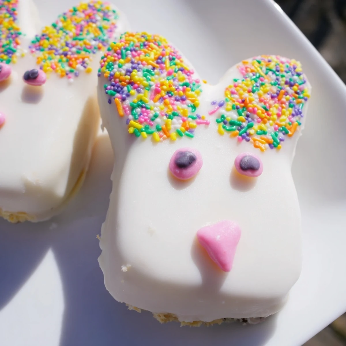 Adorable white chocolate bunny cakesicles with candy eyes and pink ears on sticks