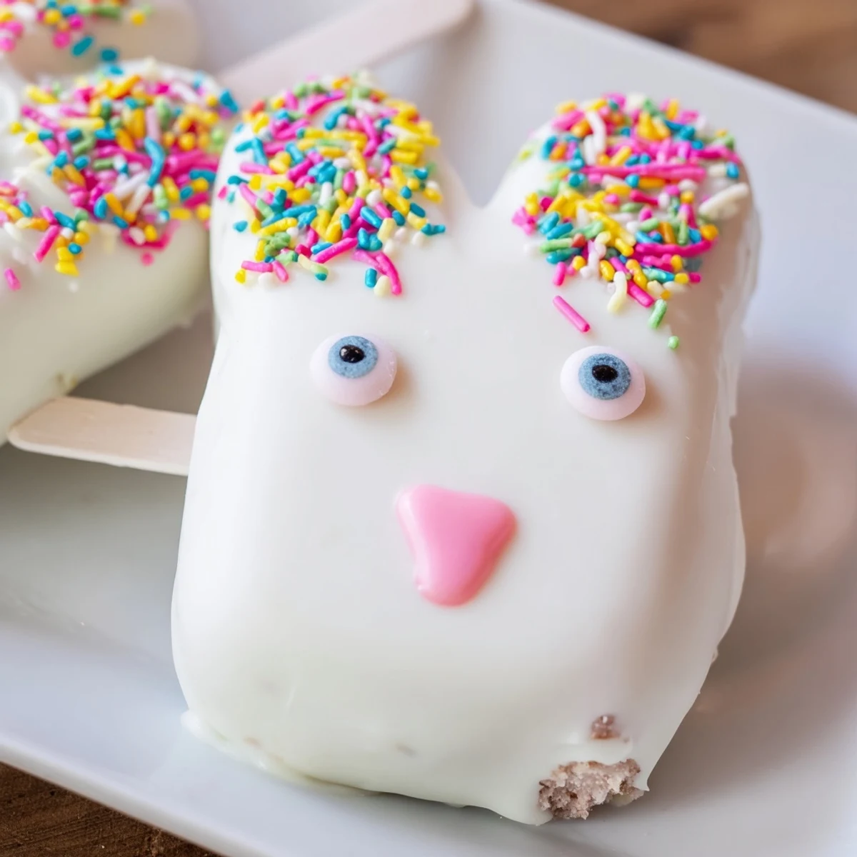 Creamy white chocolate bunny cakesicles decorated with sprinkles for festive Easter celebrations